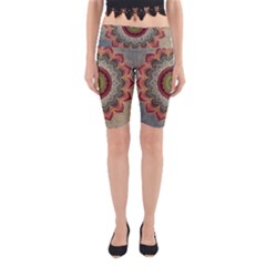 Folk Art Lotus Mandala Dirty Blue Red Yoga Cropped Leggings