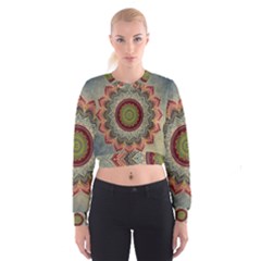 Folk Art Lotus Mandala Dirty Blue Red Women s Cropped Sweatshirt by EDDArt