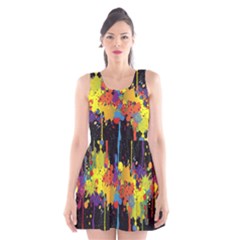 Crazy Multicolored Double Running Splashes Horizon Scoop Neck Skater Dress by EDDArt