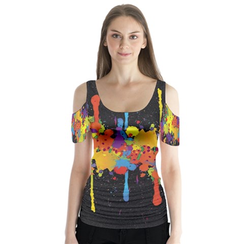 Crazy Multicolored Double Running Splashes Horizon Butterfly Sleeve Cutout Tee  by EDDArt