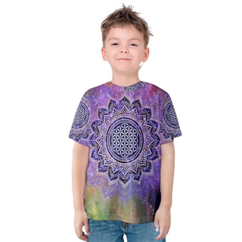 Flower Of Life Indian Ornaments Mandala Universe Kids  Cotton Tee by EDDArt