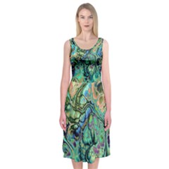 Fractal Batik Art Teal Turquoise Salmon Midi Sleeveless Dress by EDDArt