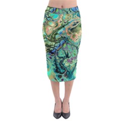 Fractal Batik Art Teal Turquoise Salmon Midi Pencil Skirt