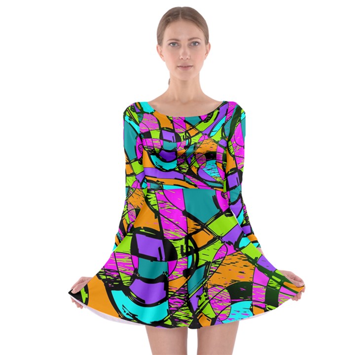 Abstract Sketch Art Squiggly Loops Multicolored Long Sleeve Skater Dress