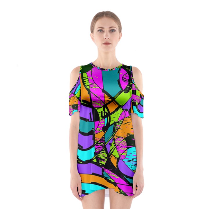 Abstract Sketch Art Squiggly Loops Multicolored Cutout Shoulder Dress