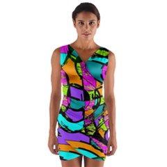 Abstract Sketch Art Squiggly Loops Multicolored Wrap Front Bodycon Dress