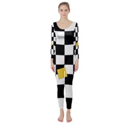 Dropout Yellow Black And White Distorted Check Long Sleeve Catsuit by designworld65