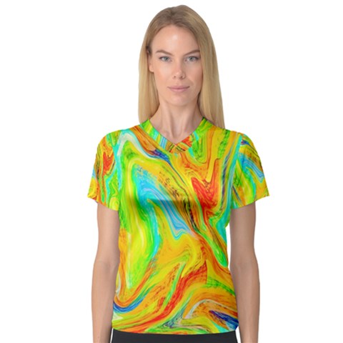 Happy Multicolor Painting Women s V-neck Sport Mesh Tee by designworld65