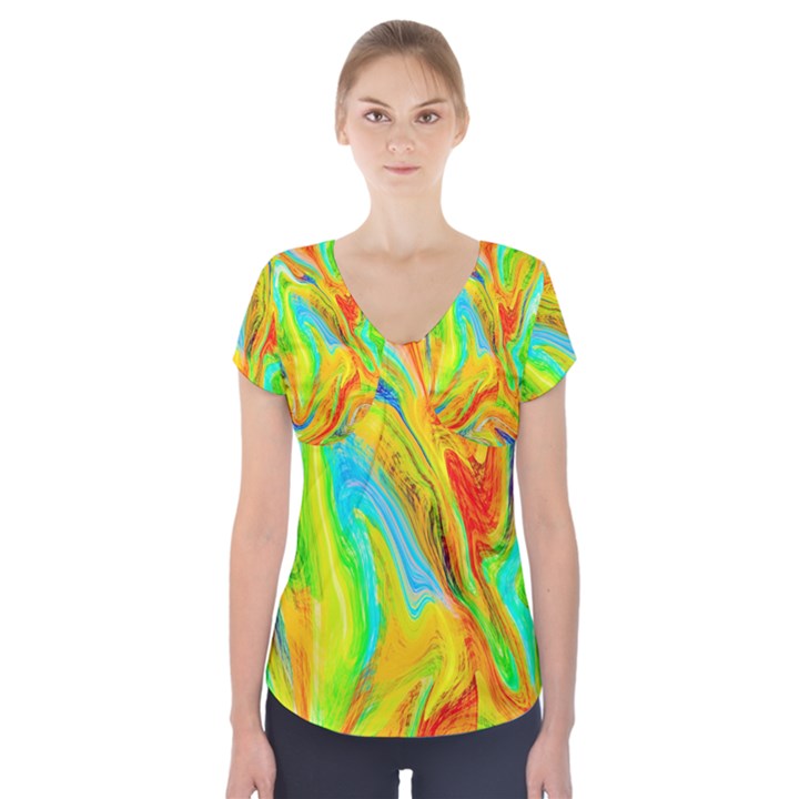 Happy Multicolor Painting Short Sleeve Front Detail Top