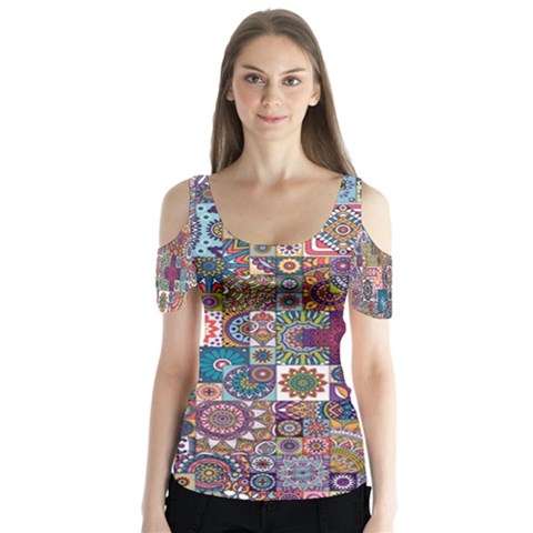 Ornamental Mosaic Background Butterfly Sleeve Cutout Tee  by TastefulDesigns