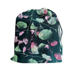 Modern Green And Pink Leaves Drawstring Pouches (xxl) by DanaeStudio