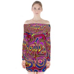 Abstract Shimmering Multicolor Swirly Long Sleeve Off Shoulder Dress by designworld65