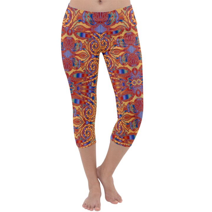 Oriental Watercolor Ornaments Kaleidoscope Mosaic Capri Yoga Leggings