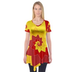 Flower Blossom Spiral Design  Red Yellow Short Sleeve Tunic  by designworld65