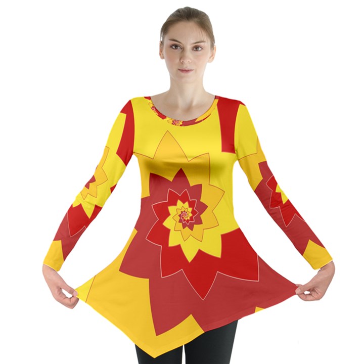 Flower Blossom Spiral Design  Red Yellow Long Sleeve Tunic 