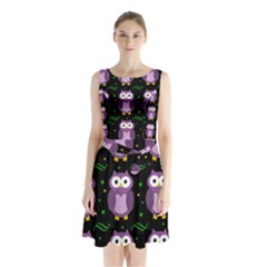 Halloween Purple Owls Pattern Sleeveless Chiffon Waist Tie Dress by Valentinaart