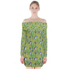 Tropical Floral Pattern Long Sleeve Off Shoulder Dress