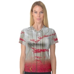 Magic forest in red and white Women s V-Neck Sport Mesh Tee