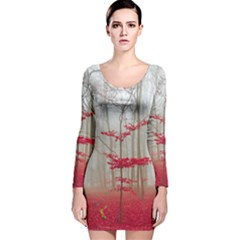 Magic forest in red and white Long Sleeve Velvet Bodycon Dress