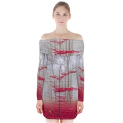 Magic Forest In Red And White Long Sleeve Off Shoulder Dress