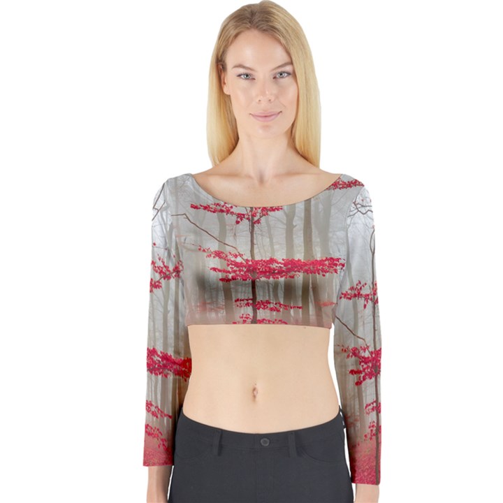 Magic Forest In Red And White Long Sleeve Crop Top