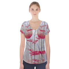 Magic Forest In Red And White Short Sleeve Front Detail Top by wsfcow