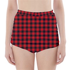 Lumberjack Plaid Fabric Pattern Red Black High-waisted Bikini Bottoms by EDDArt