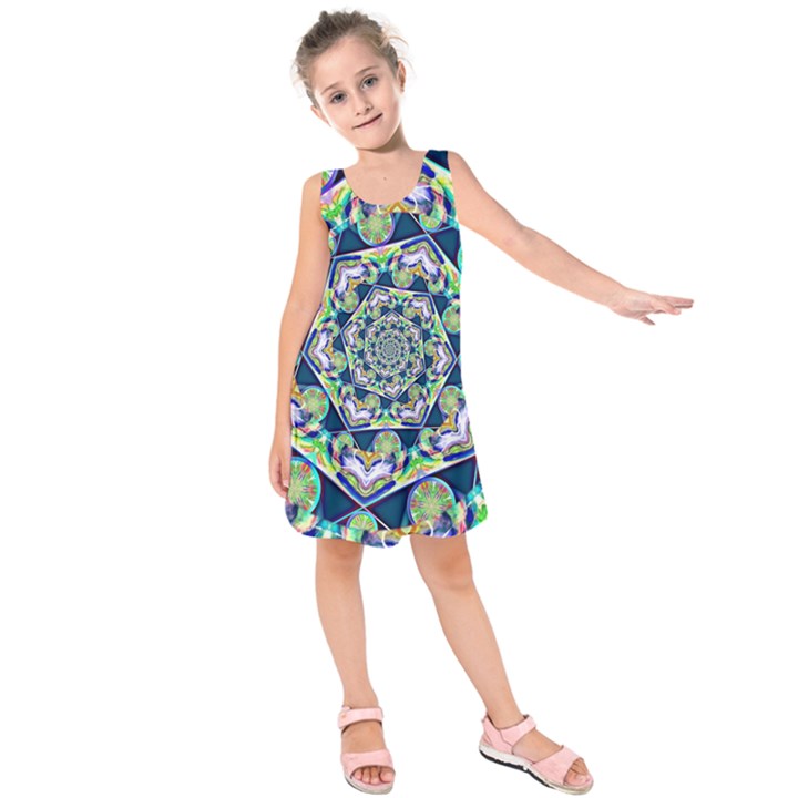 Power Spiral Polygon Blue Green White Kids  Sleeveless Dress