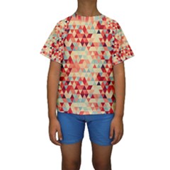 Modern Hipster Triangle Pattern Red Blue Beige Kids  Short Sleeve Swimwear