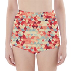 Modern Hipster Triangle Pattern Red Blue Beige High-waisted Bikini Bottoms by EDDArt