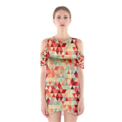 Modern Hipster Triangle Pattern Red Blue Beige Cutout Shoulder Dress by EDDArt