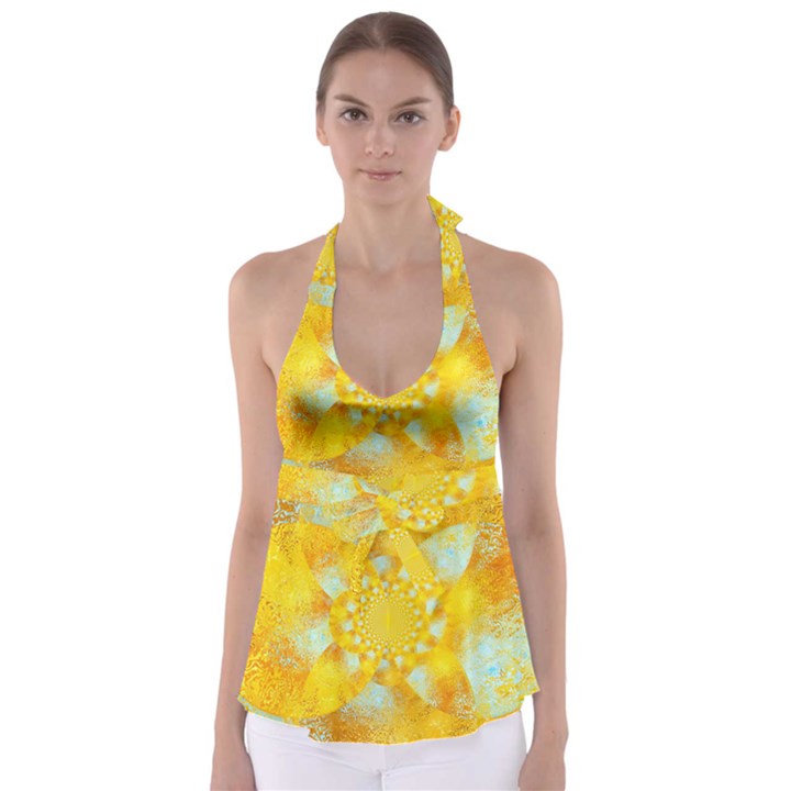 Gold Blue Abstract Blossom Babydoll Tankini Top