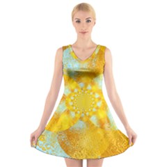 Gold Blue Abstract Blossom V-neck Sleeveless Skater Dress by designworld65