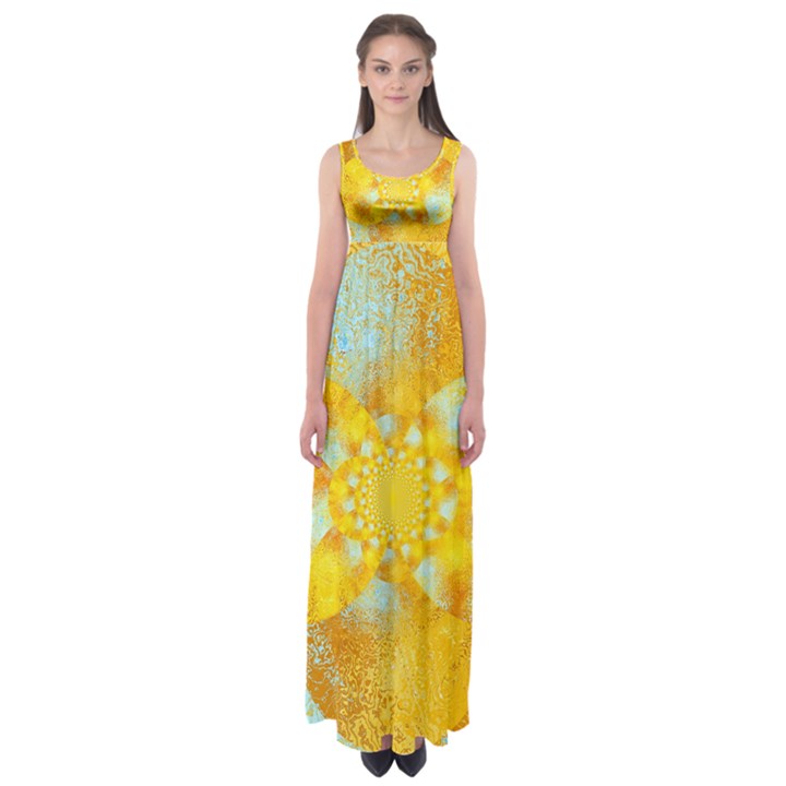 Gold Blue Abstract Blossom Empire Waist Maxi Dress