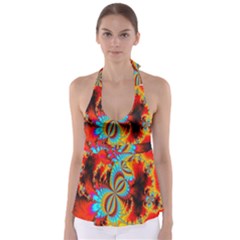Crazy Mandelbrot Fractal Red Yellow Turquoise Babydoll Tankini Top by EDDArt