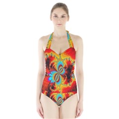 Crazy Mandelbrot Fractal Red Yellow Turquoise Halter Swimsuit by EDDArt