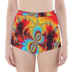 Crazy Mandelbrot Fractal Red Yellow Turquoise High-waisted Bikini Bottoms by EDDArt