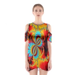 Crazy Mandelbrot Fractal Red Yellow Turquoise Cutout Shoulder Dress by EDDArt