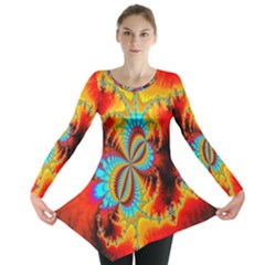 Crazy Mandelbrot Fractal Red Yellow Turquoise Long Sleeve Tunic  by EDDArt