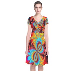 Crazy Mandelbrot Fractal Red Yellow Turquoise Short Sleeve Front Wrap Dress by EDDArt