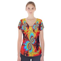 Crazy Mandelbrot Fractal Red Yellow Turquoise Short Sleeve Front Detail Top by EDDArt