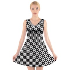 Modern Dots In Squares Mosaic Black White V-neck Sleeveless Skater Dress by EDDArt