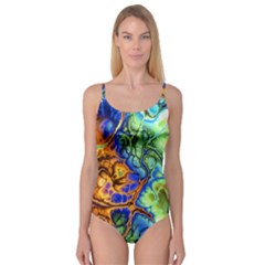 Abstract Fractal Batik Art Green Blue Brown Camisole Leotard  by EDDArt