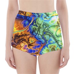 Abstract Fractal Batik Art Green Blue Brown High-waisted Bikini Bottoms by EDDArt