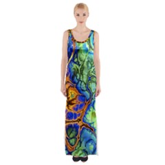 Abstract Fractal Batik Art Green Blue Brown Maxi Thigh Split Dress by EDDArt