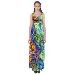 Abstract Fractal Batik Art Green Blue Brown Empire Waist Maxi Dress by EDDArt