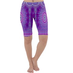 India Ornaments Mandala Pillar Blue Violet Cropped Leggings  by EDDArt