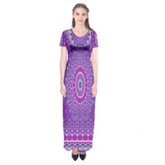 India Ornaments Mandala Pillar Blue Violet Short Sleeve Maxi Dress by EDDArt