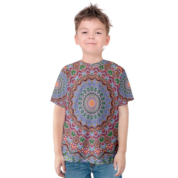 Abstract Painting Mandala Salmon Blue Green Kids  Cotton Tee