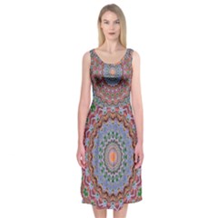 Abstract Painting Mandala Salmon Blue Green Midi Sleeveless Dress by EDDArt